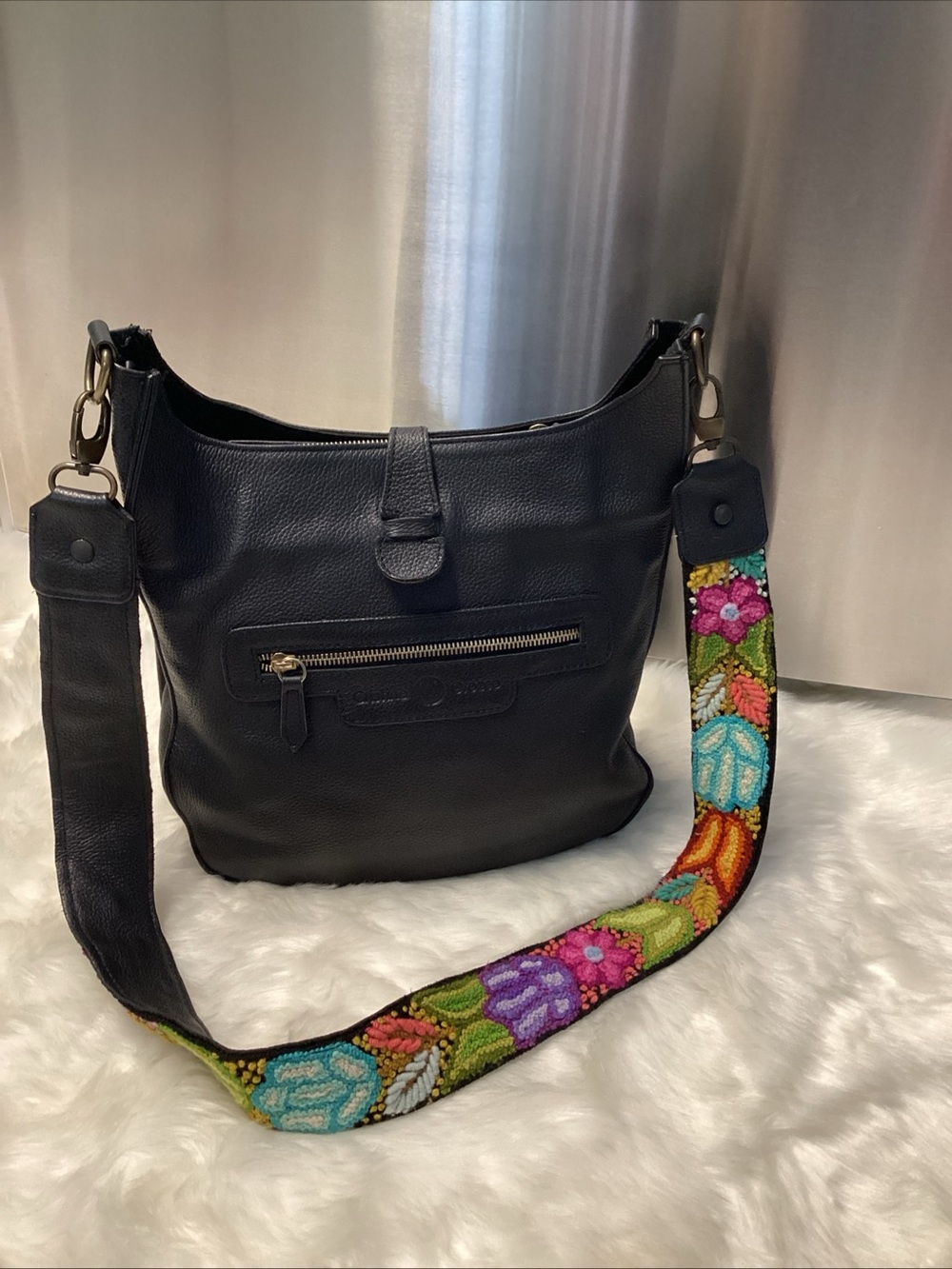 Black Leather Shoulder Bag with Colorful Embroidered Strap